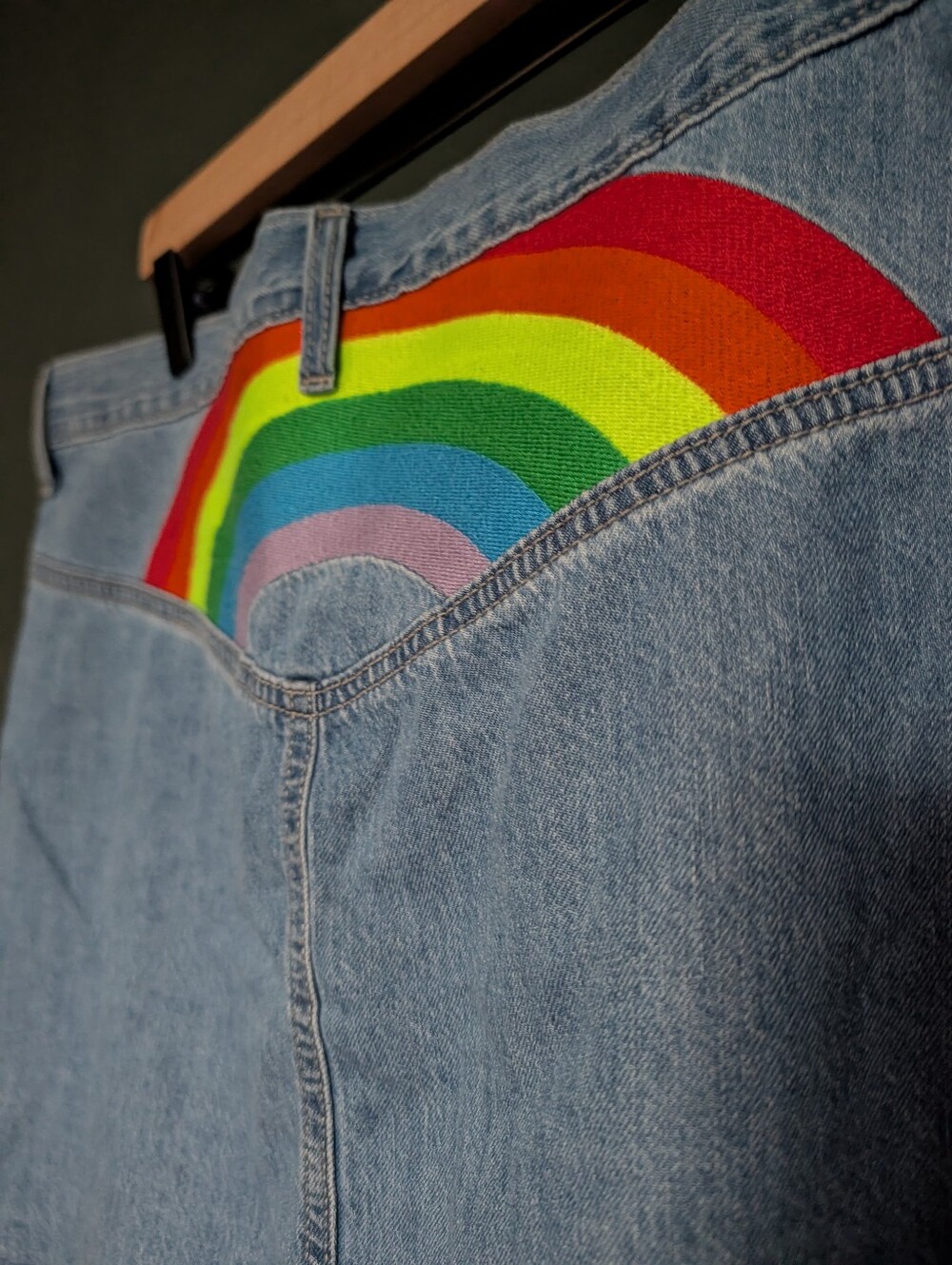 Denim Mini Skirt For Pride With Embroidered Rainbow - Picture 3 of 5